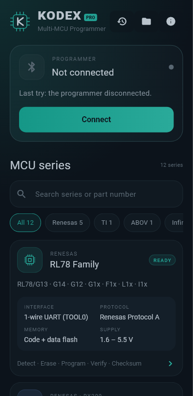KODEX PRO Android app showing the programmer panel, MCU search, manufacturer filters, and RL78 family specifications